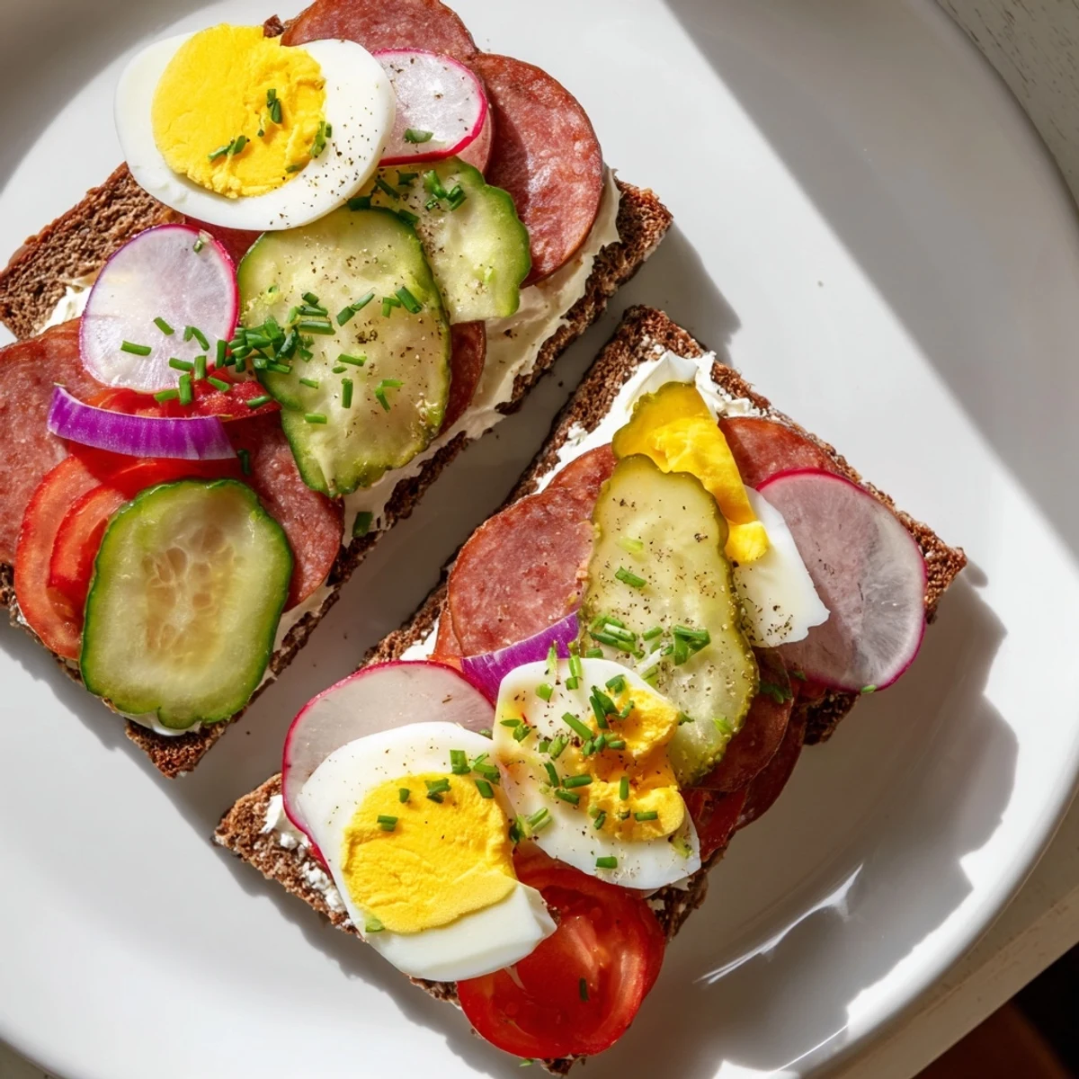 Buttered rye bread open faced Polish sandwiches garnished with chives and pickles