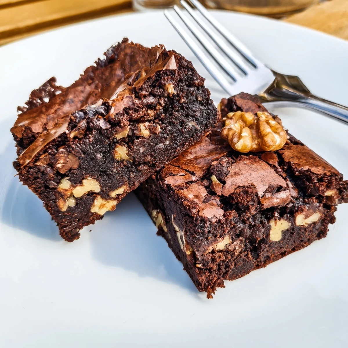 Rich fudgy ultimate brownies with a glossy crackly top cut into neat squares