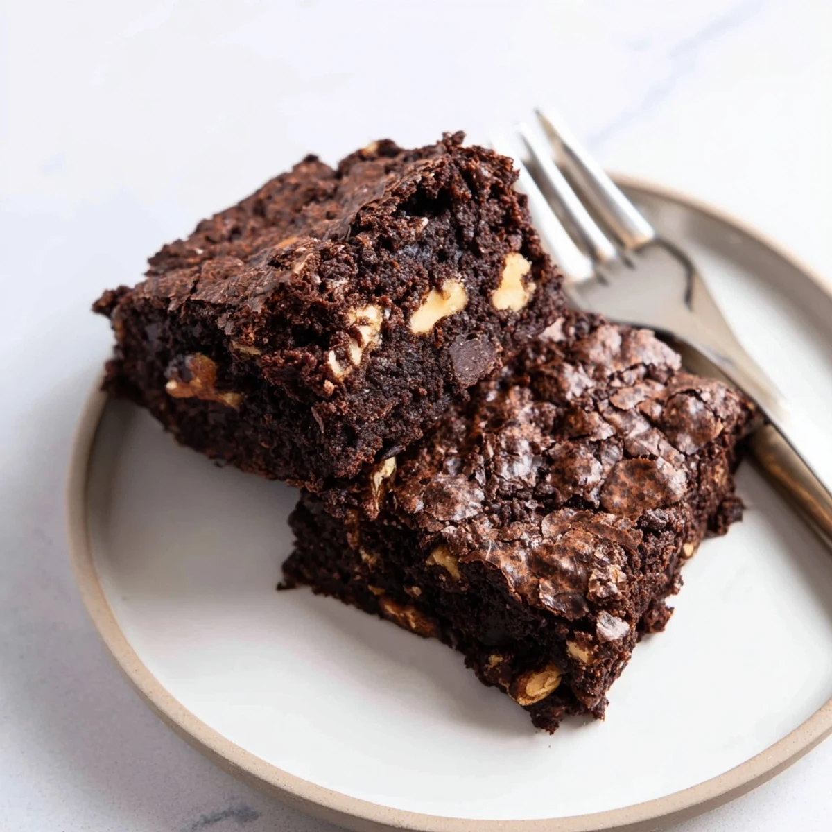 Thick chocolate-drenched ultimate brownies studded with walnut pieces dusted lightly with cocoa powder