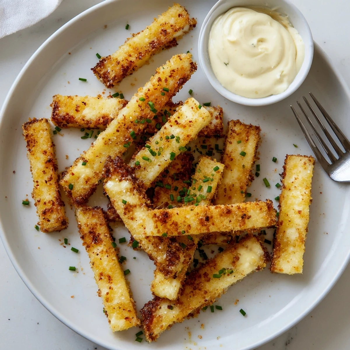 Golden baked cottage cheese fries with crispy edges served on parchment paper alongside marinara dipping sauce.