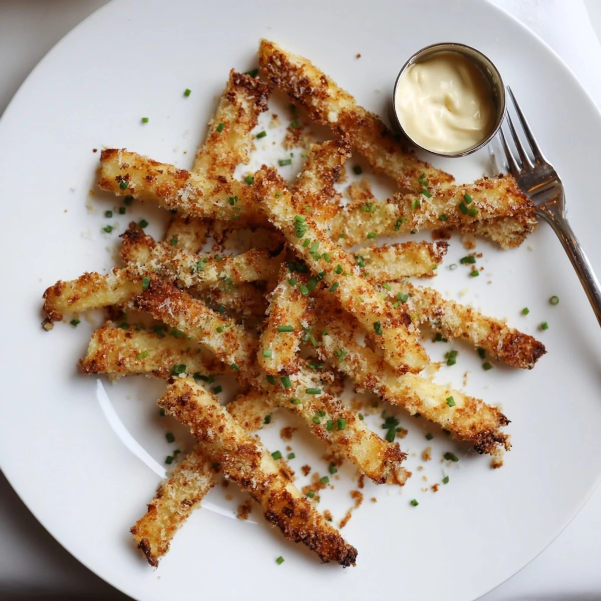 Crispy baked cottage cheese fries arranged on a white plate with a tangy garlic aioli dip.