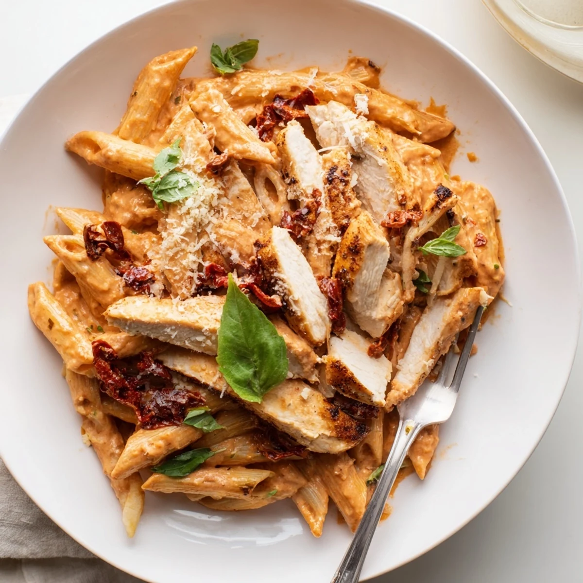 Creamy Copycat Sun Dried Tomato Marry Me Chicken Pasta topped with fresh basil and Parmesan
