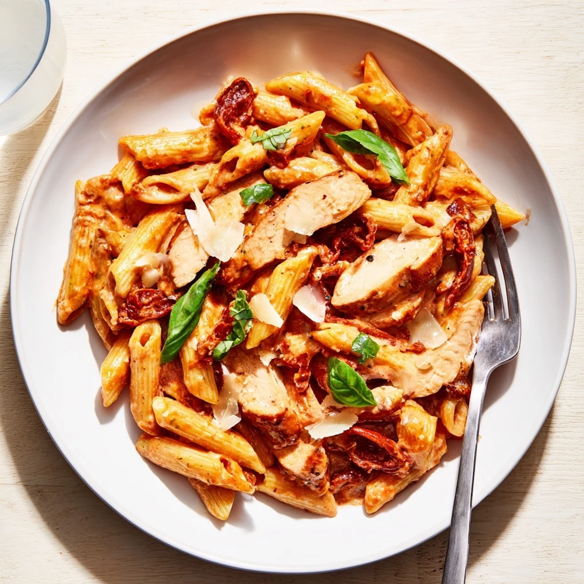 Steaming bowl of Copycat Sun Dried Tomato Marry Me Chicken Pasta with rich creamy sauce