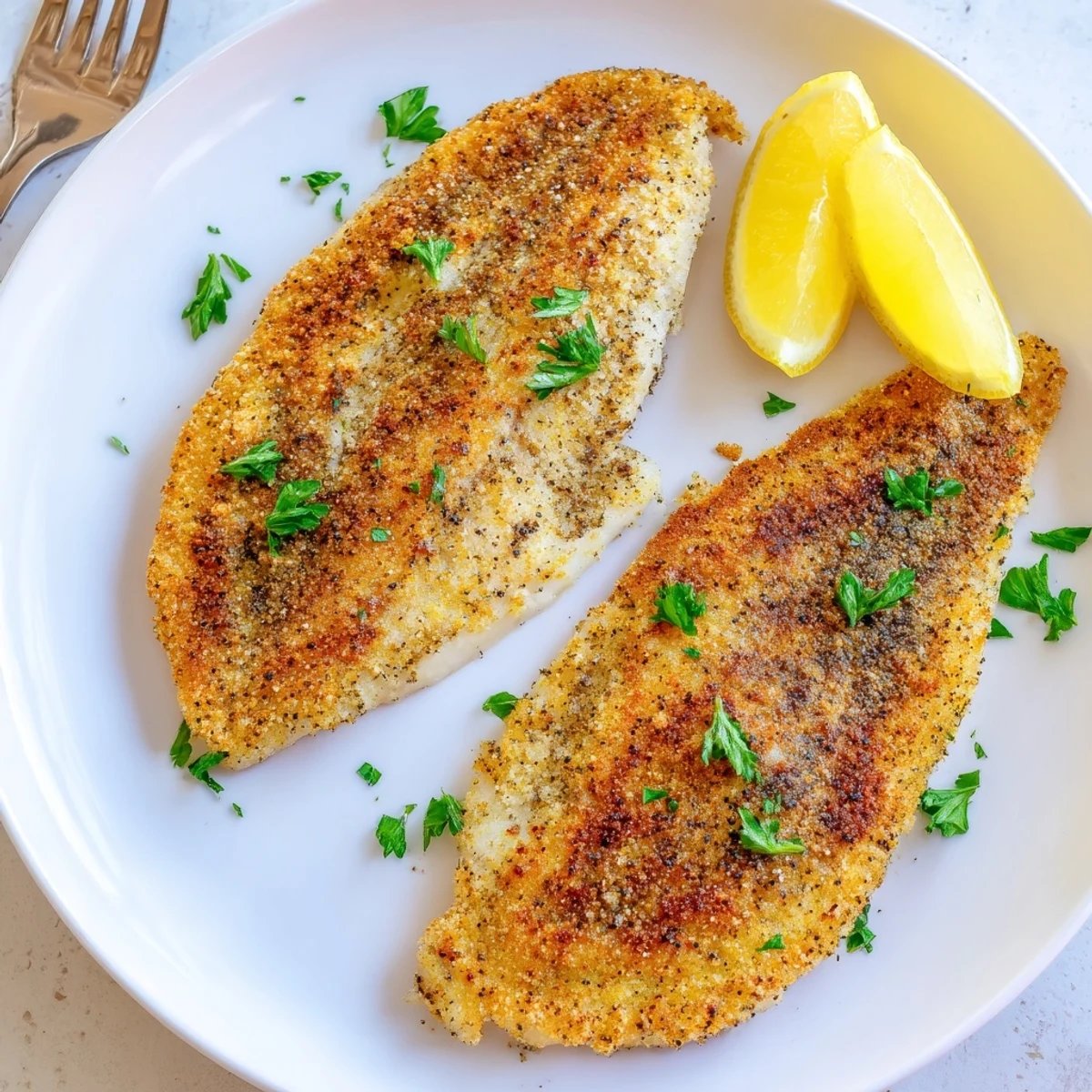 Crispy pan fried tilapia garnished with chopped parsley served alongside bright citrus wedges