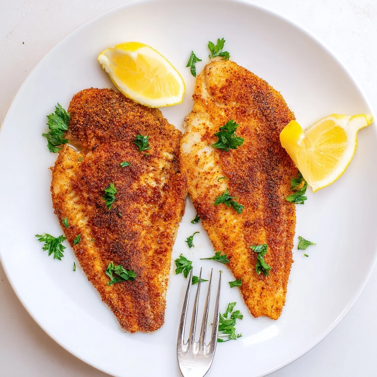 Golden pan fried tilapia fillet on a plate with fresh parsley and lemon wedges