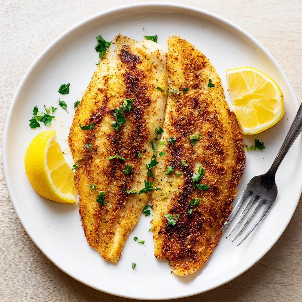 Perfectly seared pan fried tilapia with a golden crust resting on a white plate