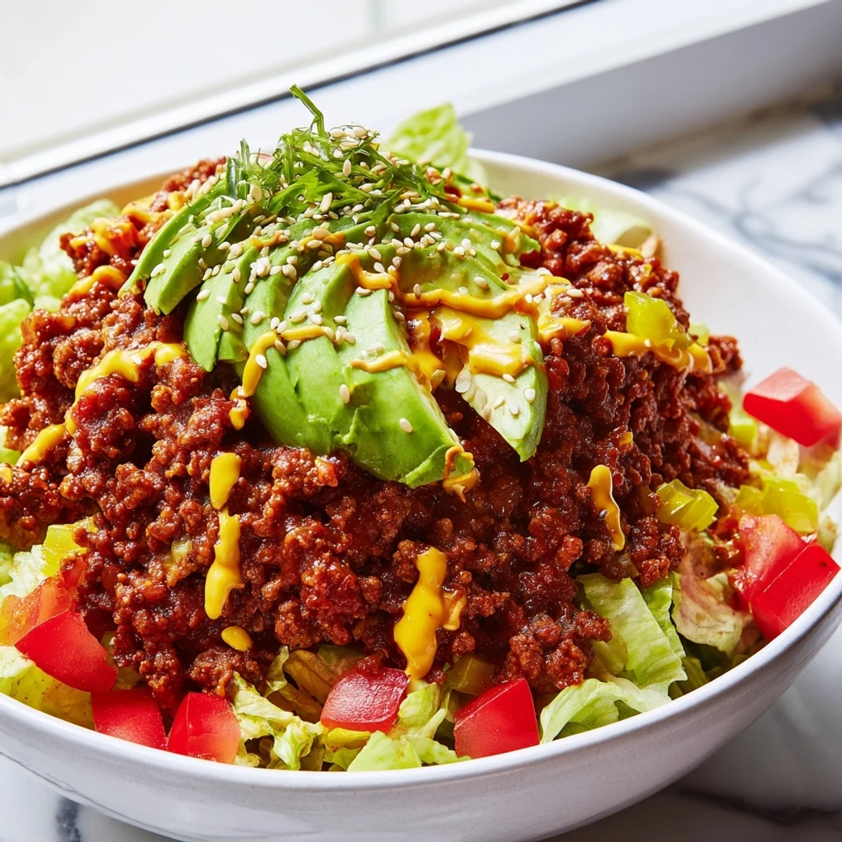 Colorful burger bowls featuring crisp romaine, sliced avocado, and tangy dill pickles