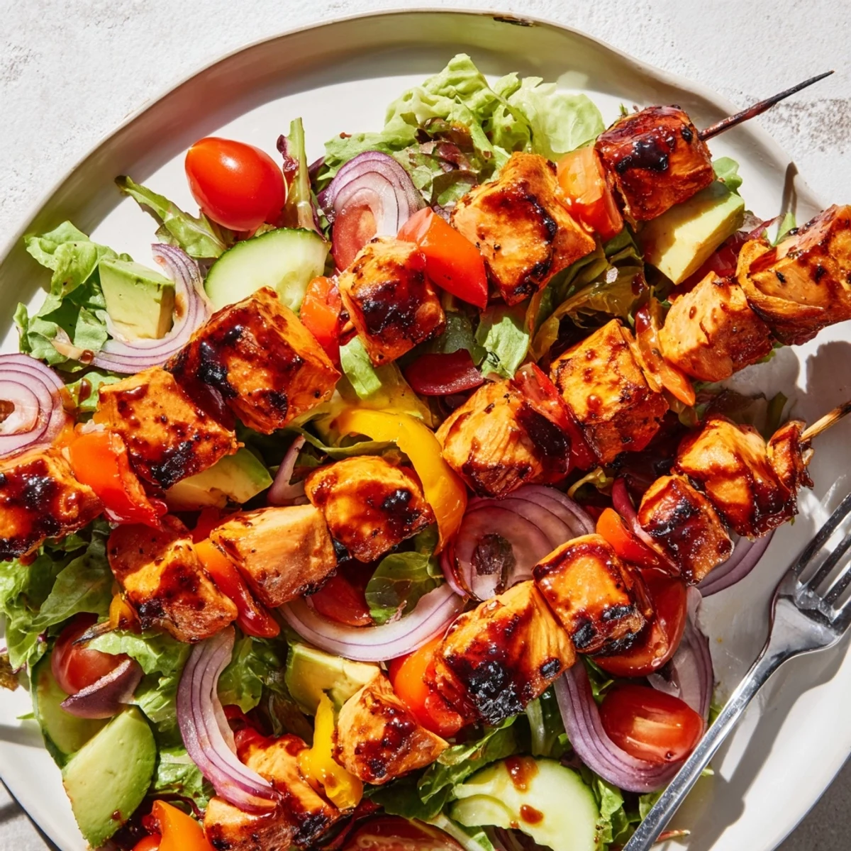 Smoky BBQ chicken skewer salad with charred edges and colorful crisp vegetables