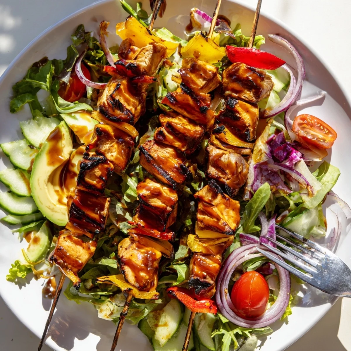 BBQ chicken skewer salad drizzled with tangy dressing over fresh mixed greens