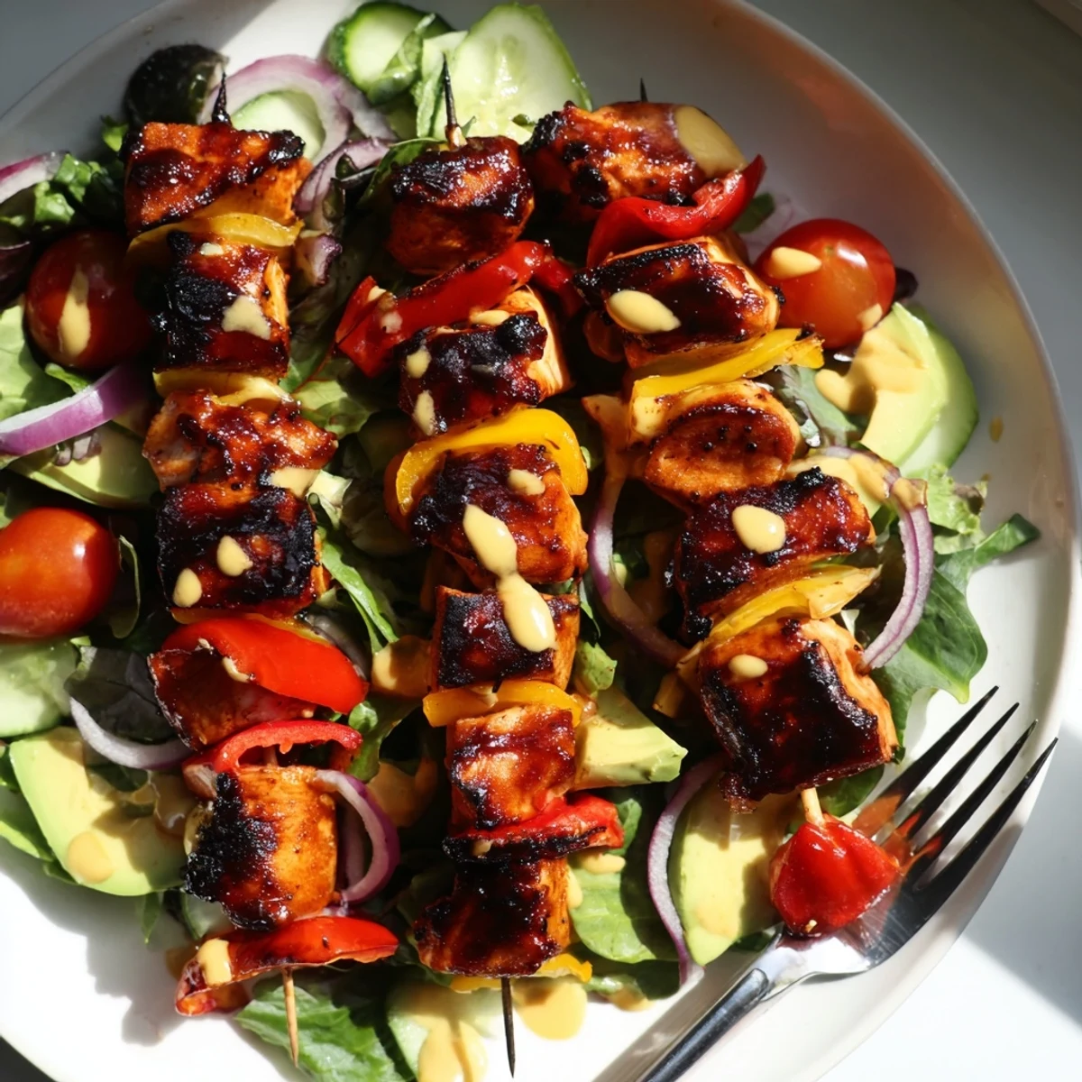 Grilled BBQ chicken skewer salad topped with sliced avocado and juicy tomatoes