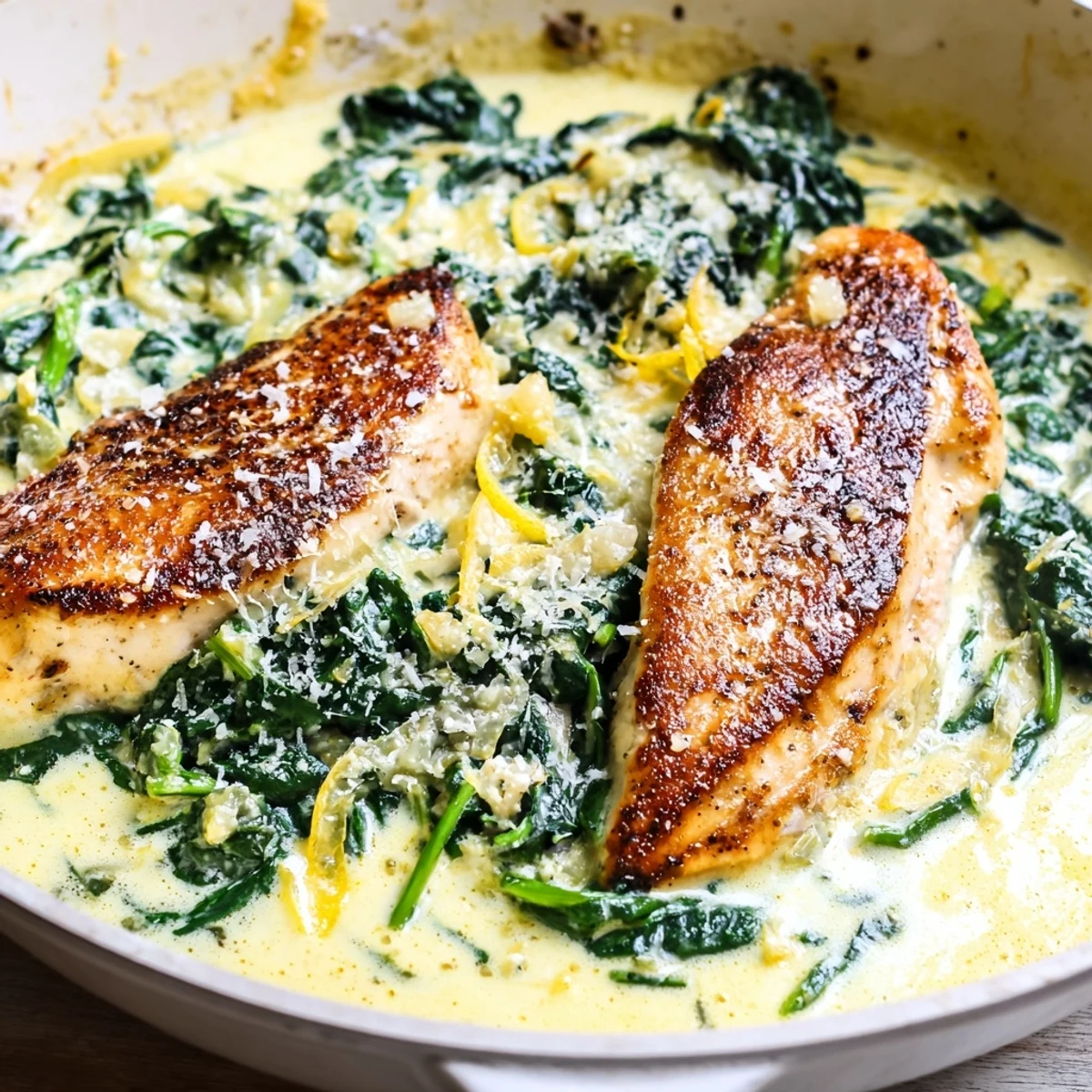 Creamy lemon Parmesan spinach chicken served hot in a golden cast iron skillet