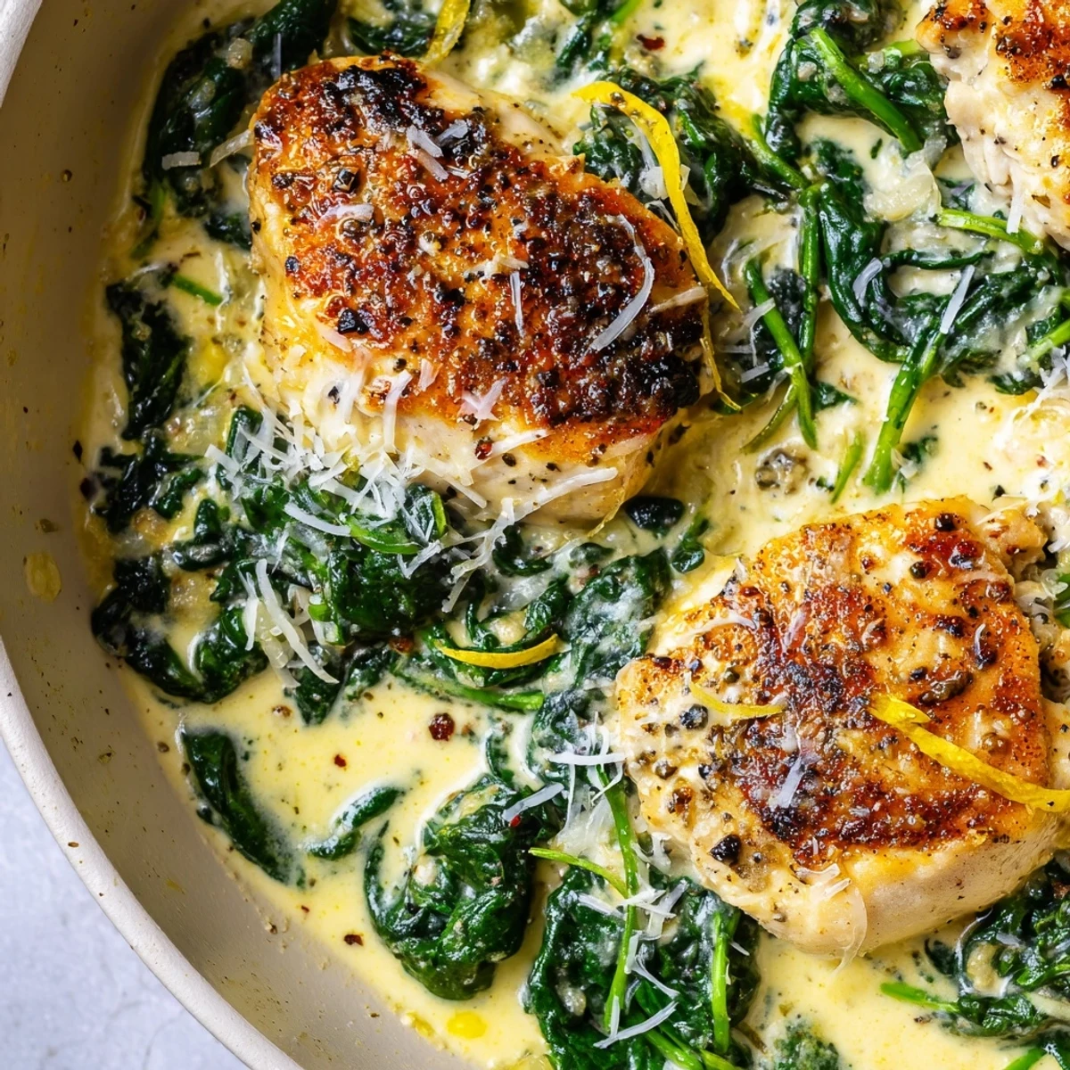 Juicy seared lemon Parmesan spinach chicken topped with melted cheese and fresh greens