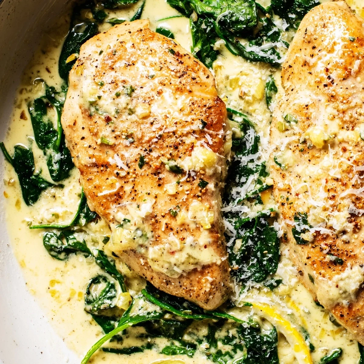 Tender lemon Parmesan spinach chicken nestled in a rich, tangy cream sauce