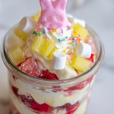 Individual jars showcase the colorful Jello Pie Easter Bunny Parfait, layered with strawberry gelatin cubes, lemon jelly, and fresh fruit pieces for spring.