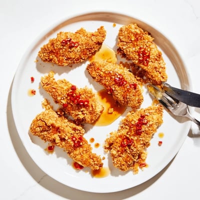 Crispy baked chicken breasts coated in crunchy cornflake panko, glistening with homemade hot honey and garnished with fresh parsley on a white plate.
