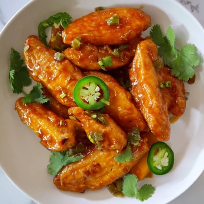 Tender glazed chicken served with sliced peaches and jalapeños on a rustic plate, perfect for summer.