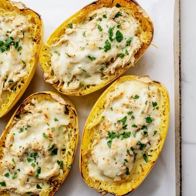 Close-up of Chicken Alfredo Spaghetti Squash Boats filled with creamy sauce and tender chicken pieces.