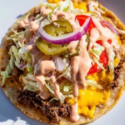 Golden flour tortilla layered with juicy ground beef and shredded crisp lettuce