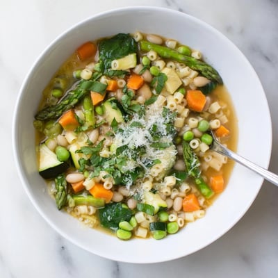 Colorful spring minestrone soup ladled into a rustic bowl topped with grated Parmesan