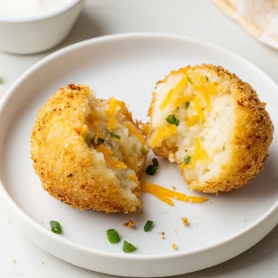 A plate of Fried Mashed Potato Balls, steaming, crunchy crust, cheddar and green onions.