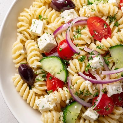 Bowl of fresh Greek pasta salad tossed in a bright, zesty lemon herb dressing