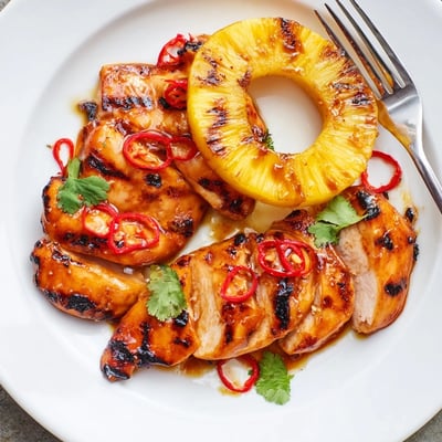 Golden Chili Pineapple Grilled Chicken sliced open revealing tender meat beside charred fruit