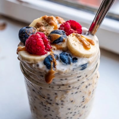 Thick protein overnight oats layered with sliced banana and chia seeds