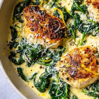 Juicy seared lemon Parmesan spinach chicken topped with melted cheese and fresh greens